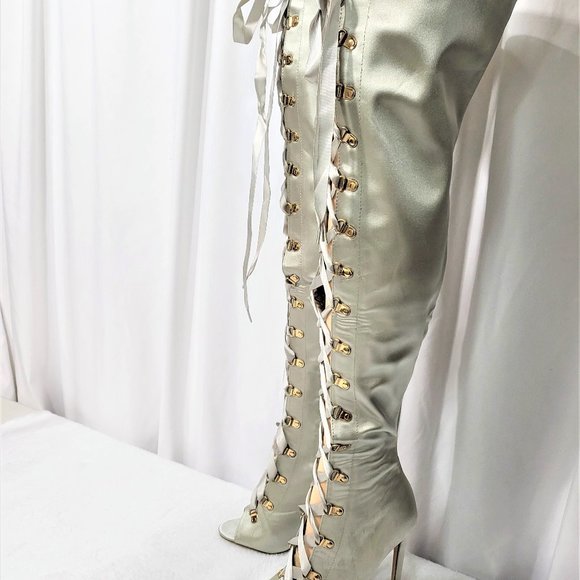 Cape Robbin Gray Lace-Up Peep Toe 4.5" Stiletto Thigh High Boots - Picture 6 of 8